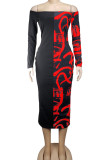 Red Sexy Print Patchwork Off the Shoulder Pencil Skirt Dresses