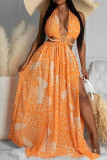 Yellow Sexy Print Bandage Hollowed Out Backless Zipper Halter Beach Dresses