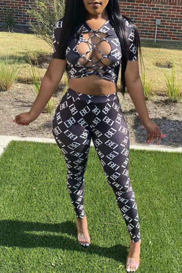 Black Fashion Sexy Print Hollowed Out V Neck Short Sleeve Two Pieces