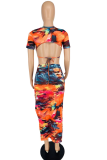 Colour Sexy Print Patchwork Half A Turtleneck Short Sleeve Two Pieces