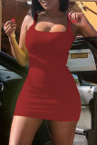 Red Sexy Casual Solid Basic Square Collar Vest Dress