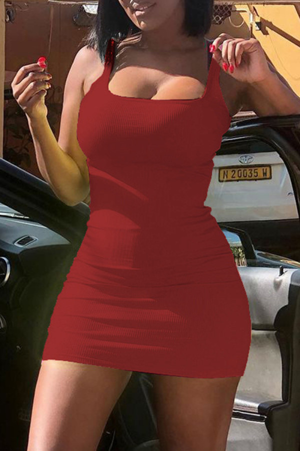 Red Sexy Casual Solid Basic Square Collar Vest Dress