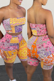 Rose Red Fashion Sexy Print Backless Strapless Sleeveless Two Pieces