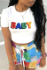 White Casual Print Patchwork O Neck Short Sleeve Two Pieces