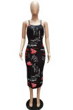 Red Sexy Print Patchwork Spaghetti Strap Pencil Skirt Dresses