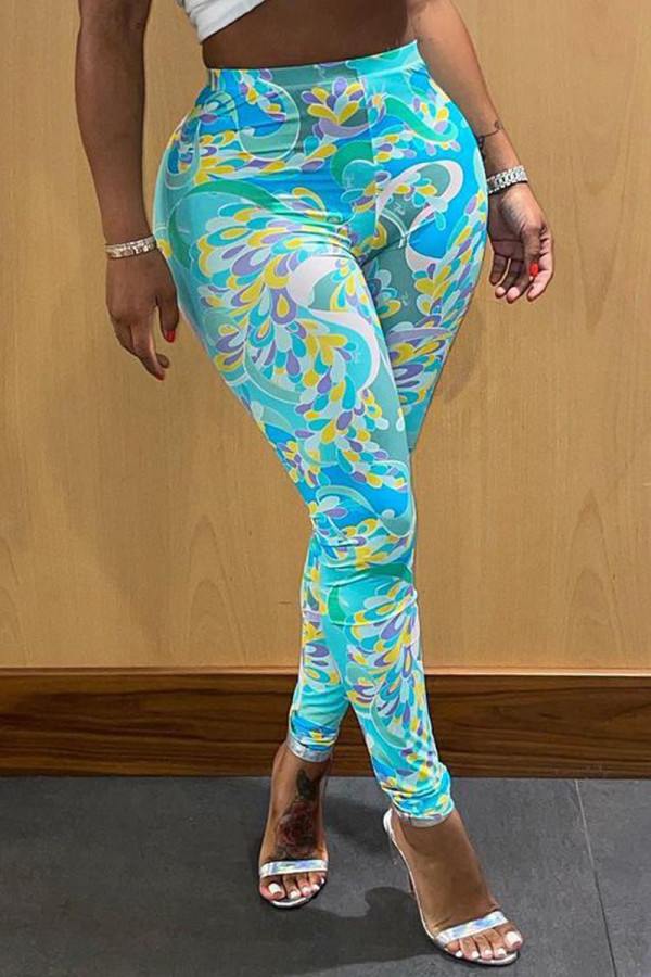 Light Blue Fashion Casual Print Basic Skinny High Waist Pencil Trousers
