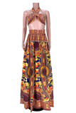 Yellow Fashion Sexy Print Backless Halter Sleeveless Two Pieces
