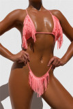 Pink Fashion Sexy Solid Tassel Backless Strap Design Swimwears