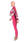 Rose Red Fashion Casual Print Bandage Slit Turndown Collar Long Sleeve Two Pieces