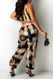 Black Gold Fashion Casual Print Vests Pants U Neck Sleeveless Two Pieces