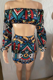 Blue Bohemian Print Split Joint Strapless Long Sleeve Two Pieces