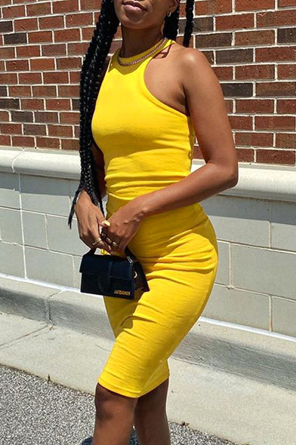 Yellow Sexy Casual Solid Vests O Neck Sleeveless Dress Dresses