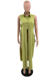 Olive Green Sexy Casual Solid Patchwork Turndown Collar Tops