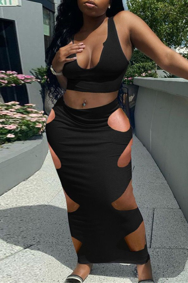 Black Fashion Sexy Solid Hollowed Out U Neck Sleeveless Two Pieces