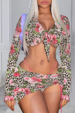 Rose Red Sexy Print Hollowed Out Mesh V Neck Three Pieces