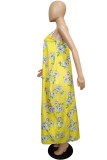 Yellow Sexy Casual Print Backless Spaghetti Strap Sleeveless Dress