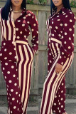 Burgundy Fashion Casual Print Patchwork Turndown Collar Regular Jumpsuits