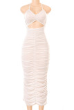 Blue Sexy Solid Hollowed Out Patchwork Fold Halter Pencil Skirt Dresses