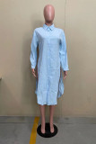 Light Blue Fashion Casual Solid Slit Turndown Collar Tops
