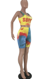 Yellow Sexy Patchwork Tie-dye Square Collar Sleeveless Two Pieces