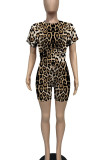 Leopard Print Casual Print Patchwork O Neck Short Sleeve Two Pieces