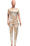 Orange Casual Patchwork Tie-dye O Neck Short Sleeve Two Pieces