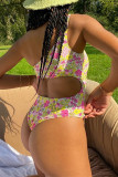 Rose Red Fashion Sexy Print Hollowed Out Swimwears