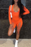 Tangerine Red Sexy Solid Hollowed Out V Neck Skinny Jumpsuits