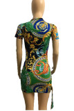 Green Casual Print Patchwork Zipper Collar Pencil Skirt Dresses