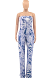 Brown Casual Print Patchwork Strapless Straight Jumpsuits
