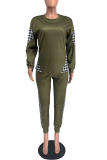 Army Green Casual Print Patchwork O Neck Long Sleeve Two Pieces