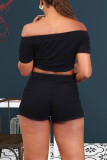 Black Fashion Solid Backless Off the Shoulder Short Sleeve Two Pieces