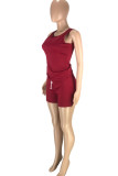 Burgundy Fashion Casual Solid Basic O Neck Sleeveless Two Pieces