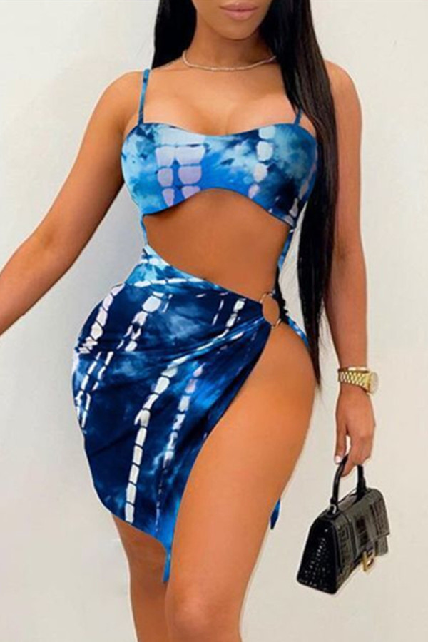 Blue Sexy Print Hollowed Out Backless Slit Spaghetti Strap Sleeveless Dress
