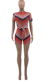 Red Sexy Print Patchwork Zipper Collar Skinny Rompers