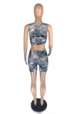 Grey Fashion Casual Print Vests U Neck Sleeveless Two Pieces