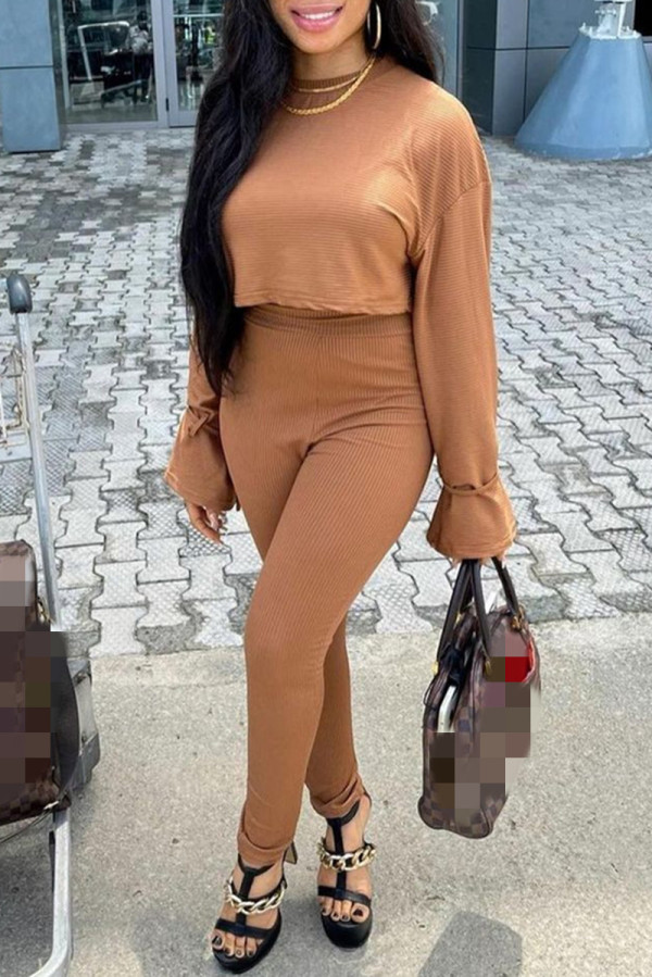 Light Brown Fashion Casual Solid Basic O Neck Long Sleeve Two Pieces