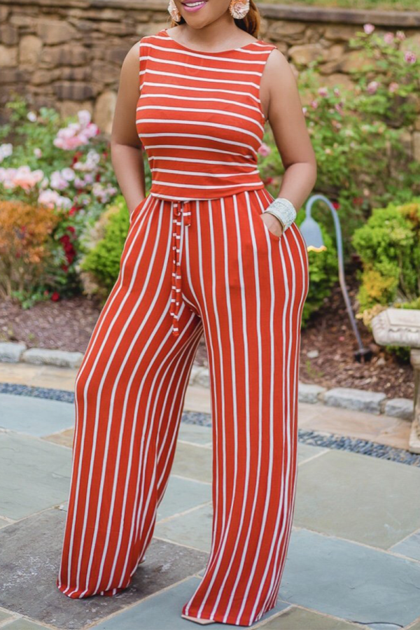 Red Casual Striped Patchwork O Neck Sleeveless Two Pieces