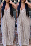 Blue Fashion Sexy Striped Print Backless Spaghetti Strap Sleeveless Dress