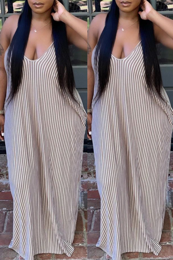 Brown Fashion Sexy Striped Print Backless Spaghetti Strap Sleeveless Dress
