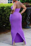 Yellow Fashion Sexy Solid Backless Slit V Neck Sling Dress
