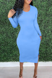Sky Blue Fashion Casual Solid Slit O Neck Long Sleeve Dresses