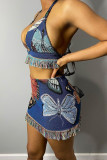 The cowboy blue Casual Print Tassel Patchwork Halter Sleeveless Two Pieces