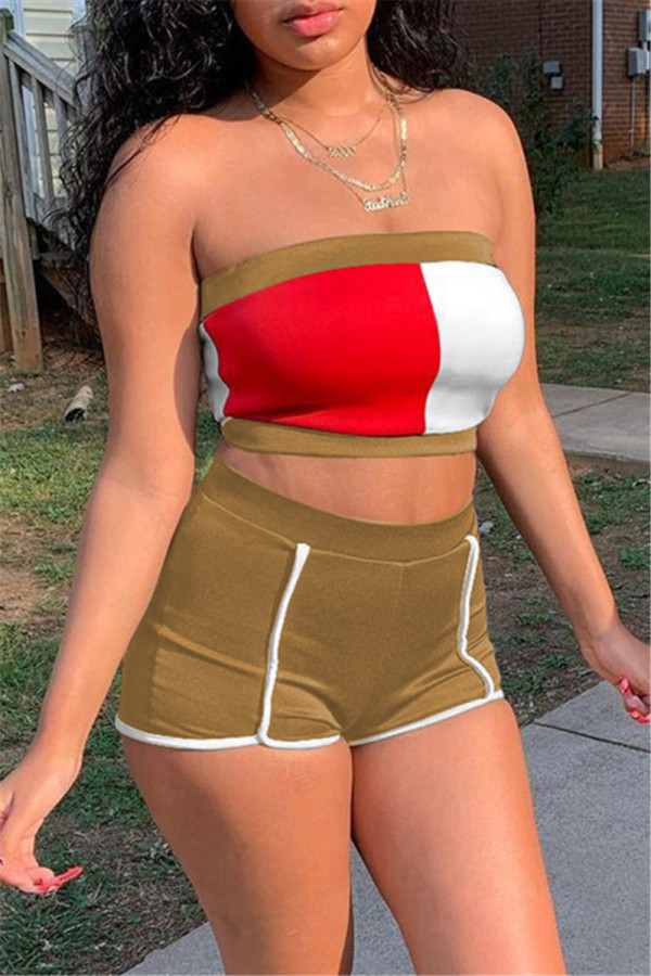 Khaki Sexy Casual Patchwork Backless Strapless Sleeveless Two Pieces