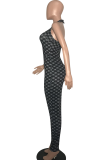 Black Sexy Print Patchwork Halter Skinny Jumpsuits