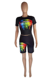 Black Casual Print Patchwork O Neck Short Sleeve Two Pieces