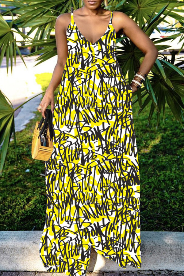 Yellow Black Sexy Casual Print Backless Spaghetti Strap Long Dress