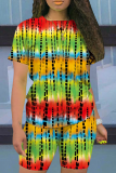 Red Casual Print Patchwork O Neck Short Sleeve Two Pieces