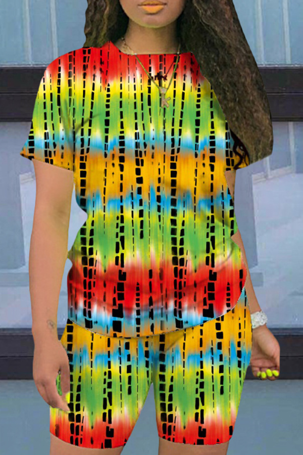 Red Casual Print Patchwork O Neck Short Sleeve Two Pieces