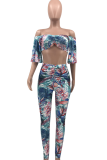 Blue Sexy Print Flounce Off the Shoulder Half Sleeve Two Pieces